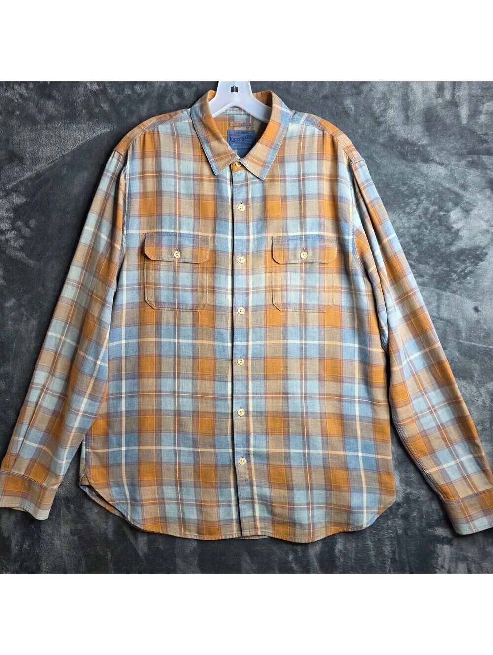Lucky Brand men's long sleeve plaid flannel blue and mustard yellow Sz Large.
